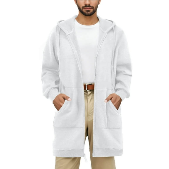 FRSASU Men Drawstring Hooded mid Long Jacket Coat Thick Warm Zipper Outwear with Pockets White