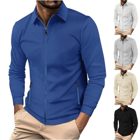 FRSASU Men Fall/Winter Casual Lightweight Jackets Lapel Collar Zipper Closure Solid Color Long Sleeve Waffle Jackets White