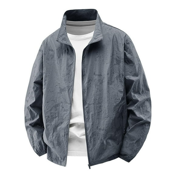 FRSASU Men Full Zip Fashion Solid Color Outdoor Sun Protection Jacket Long Sleeve Lightweight Stand up Collar Top with Pockets Dark Gray
