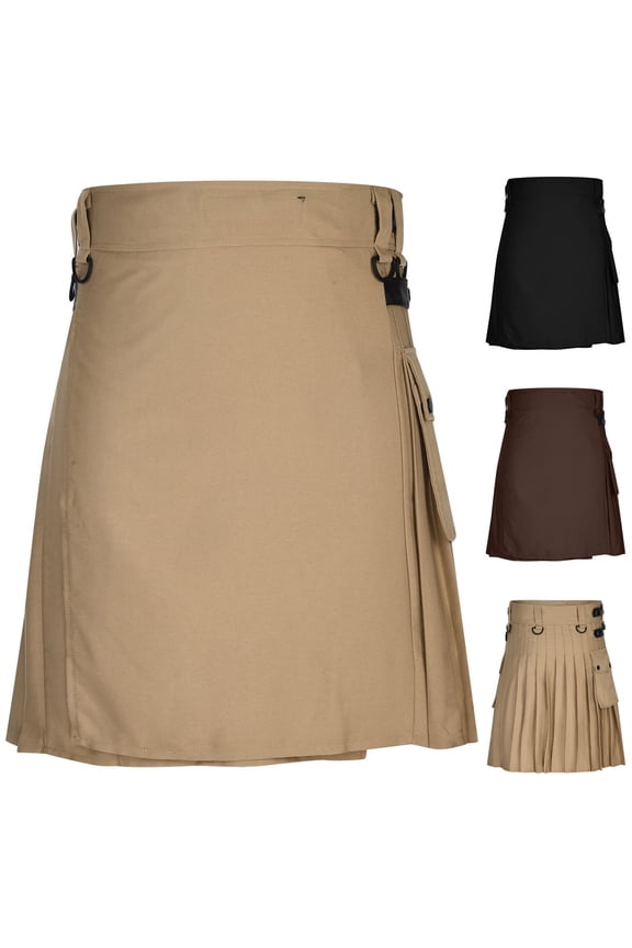 Men Kilt Pleated Scottish Kilts Button Short Skirt with Pockets Holiday Skirt Pleated Skirt Khaki