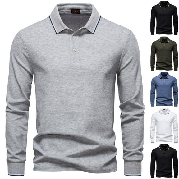 FRSASU Men Long Sleeve Polo Shirts Lapel Collar Button Cotton Slim Fit Casual T Shirts Tops Youth Classic Simple Solid Color White