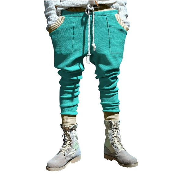 FRSASU Men Pants Solid Color Sport Loose Pleated Small Legs Lace-up Solid Color Full Length Pants Green M