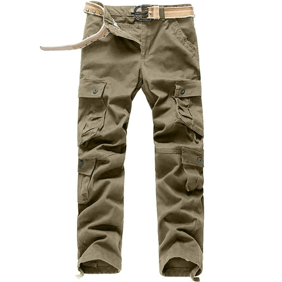 FRSASU Men Pants Clearance Solid Multi-Pocket Washed Overalls Outdoor Pants Trousers Khaki M