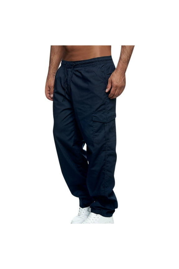 Men Plus Size Pants ,Solid Multiple Pockets Tether Closure Outdoor Straight Type Fitness Pants Cargo Pants Trousers