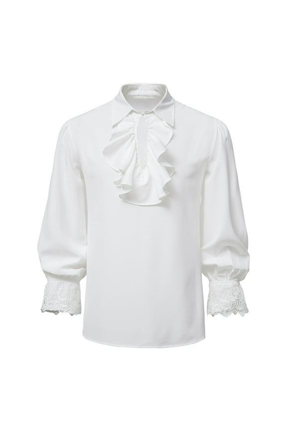 Men Plus Size Tops ,Pullover Long Sleeve Stand Collar Ruffled Renaissance Shirt Steampunk Trumpet Sleeve Top