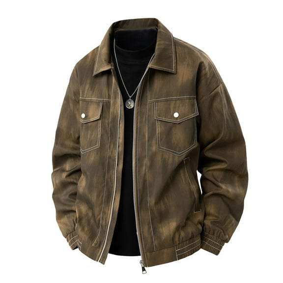 FRSASU Men Solid Color Lapel Jacket Zipper Pockets Long Sleeve Retro Workwear Coat Brown