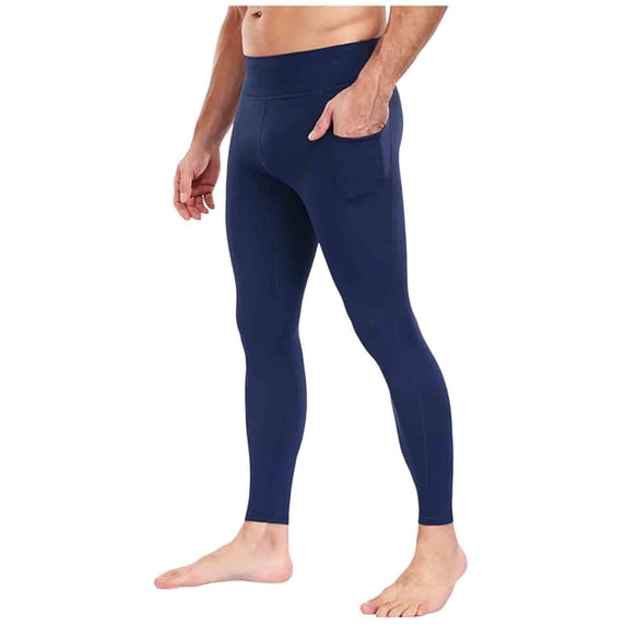 FRSASU Men Solid Color Pocket High-Elastic Yoga Pants Control Breathable Warm Running Cycling Sports Fitness Pants Navy