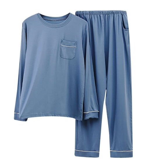 FRSASU Men Solid Pullover Long Sleeves Sleepwear Pocket Tops and Pants Suit Blue L