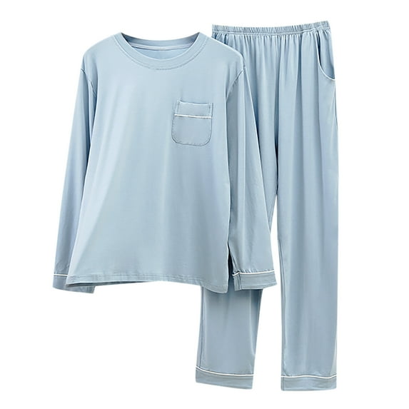 FRSASU Men Solid Pullover Long Sleeves Sleepwear Pocket Tops and Pants Suit Light blue M