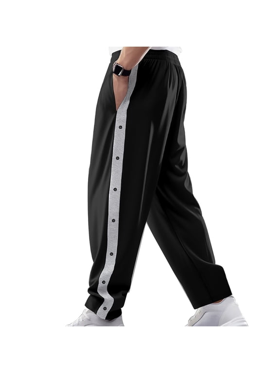 Men Straight Full Length Pant Patchwork Spliced Pockets Spring Loose Fit Casual Sports Drawstring Pants Black