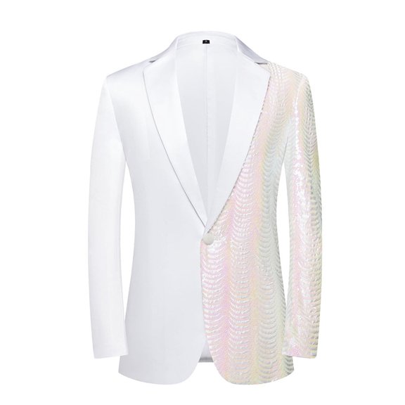 FRSASU Men Stylish Wave Striped Patchwork Dress Blazer Slim Fit Suit Jacket Wedding Party Dinner Jacket White