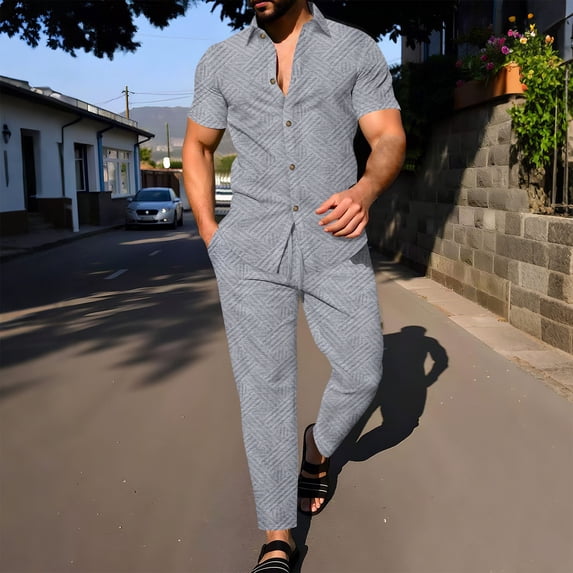 FRSASU Men Summer Casual Short Sleeve Pant Sets Solid Button Down Shirt Elastic Pants 2 Piece Outfits Beach Tracksuit Gray S(S)