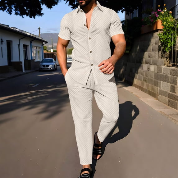 FRSASU Men Summer Casual Short Sleeve Pant Sets Solid Button Down Shirt Elastic Pants 2 Piece Outfits Beach Tracksuit Khaki XXL(XXL)