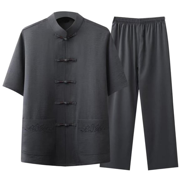 FRSASU Men Summer Casual Short Sleeve Stand up Collar Top and Pant Sets Solid Button Down Shirt Elastic Pants 2 Piece Outfits Beach Tracksuit Dark Gray