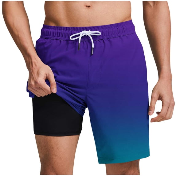 FRSASU Men Swim Trunks with Compression Liner 9" Beach Shorts Quick Dry with Zipper Pockets Board Shorts Gradient Print Dark Blue