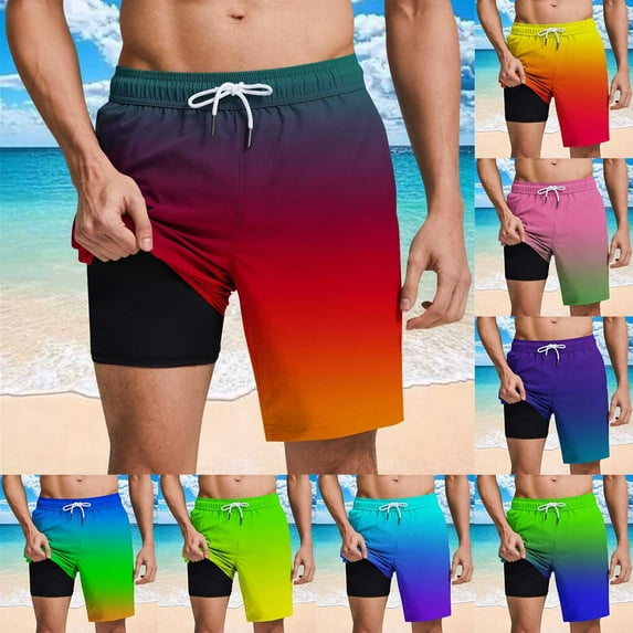 FRSASU Men Swim Trunks with Compression Liner 9" Beach Shorts Quick Dry with Zipper Pockets Board Shorts Gradient Print Yellow