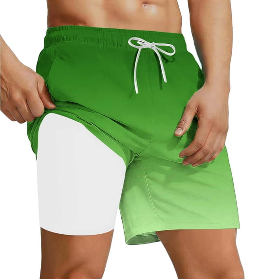 FRSASU Men Swim Trunks with Compression Liner Quick Dry Breathable Multi Pockets for Summer Beach Wear Green