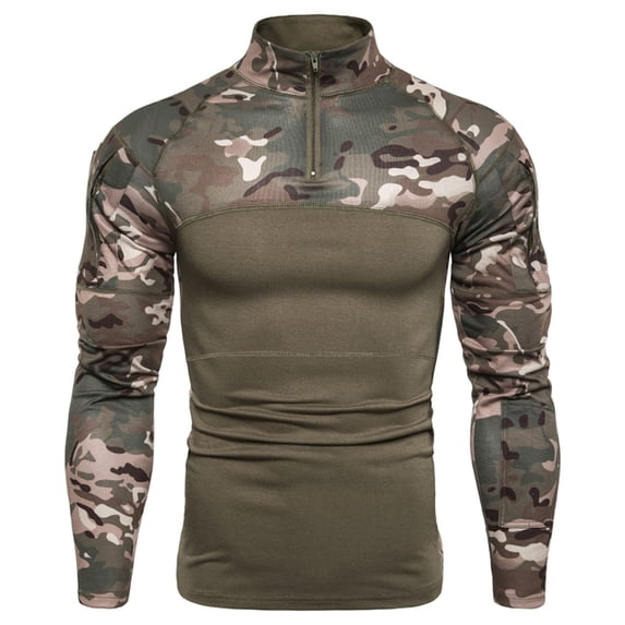 FRSASU Men Tops Men Outdoor Fitness Camouflage Long Sleeve Zipper Pocket Stretch T-Shirt Tops