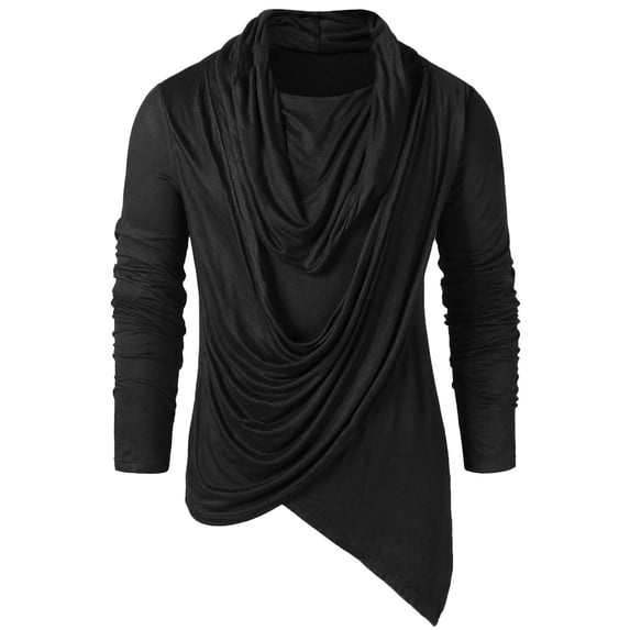 FRSASU Men Tops Men Winter Vintage Asymmetric Pile Heap Collar Solid Long Sleeve Tops Shirts