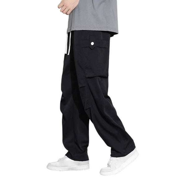 FRSASU Men Ultra Thin Casual Cargo Pants Men Quick-Drying Cool Ice Silk Pants Men Baggy Straight Leg Extended Trousers Black