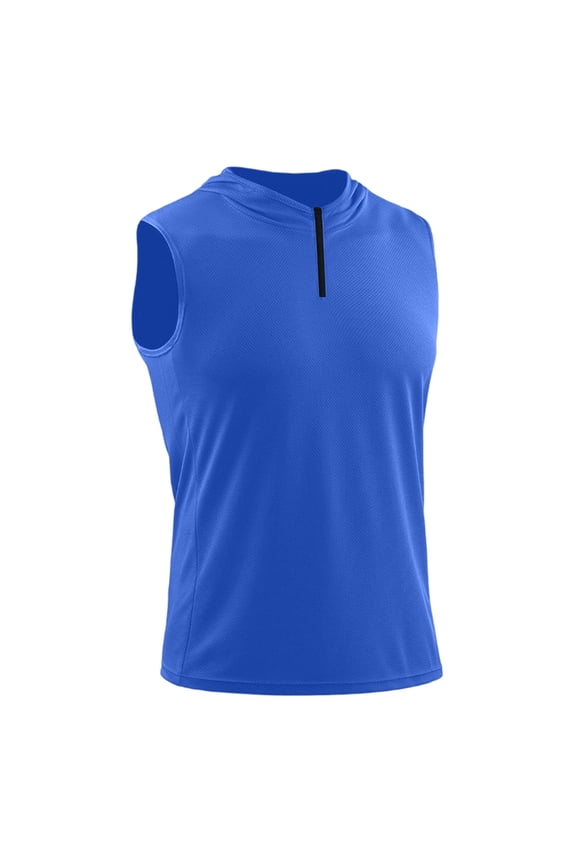 Men's 1/4 Zip Pullover Hoodies Active Wear Sleeveless Gym Training Bodybuilding Muscle Cut off Fitness Track Tee Blue