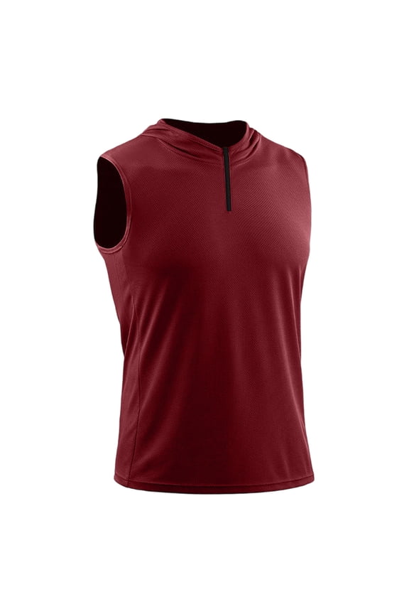 Men's 1/4 Zip Pullover Hoodies Active Wear Sleeveless Gym Training Bodybuilding Muscle Cut off Fitness Track Tee Red