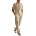 thumbnail image 1 of FRSASU Men’s 2 Piece Cotton Linen Outfit Summer Beach Short Sleeve Button Down Shirt and Pants Set Khaki, 1 of 5