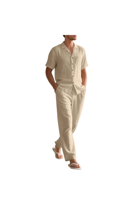 Men’s 2 Piece Cotton Linen Outfit Summer Beach Short Sleeve Button Down Shirt and Pants Set Khaki