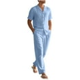 thumbnail image 1 of FRSASU Men’s 2 Piece Cotton Linen Outfit Summer Beach Short Sleeve Button Down Shirt and Pants Set Light Blue, 1 of 5