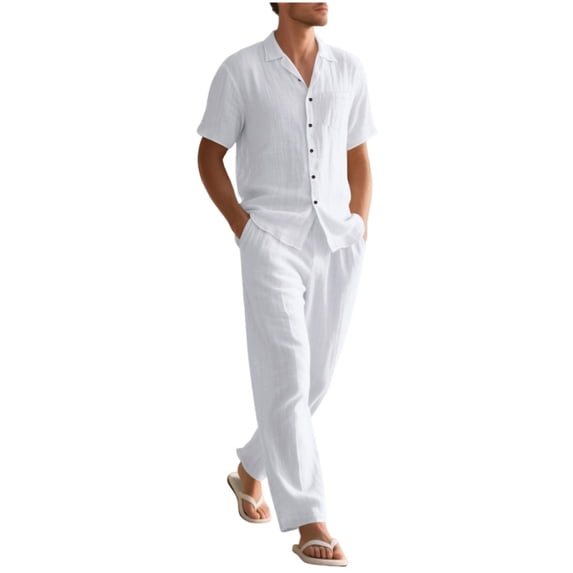 FRSASU Men’s 2 Piece Cotton Linen Outfit Summer Beach Short Sleeve Button Down Shirt and Pants Set White