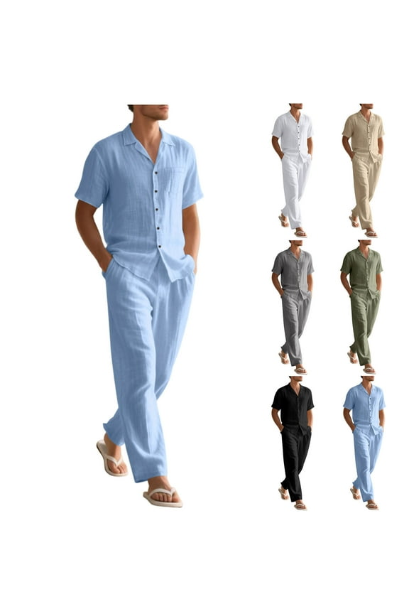 Men’s 2 Piece Cotton Linen Outfit Summer Beach Short Sleeve Button Down Shirt and Pants Set White