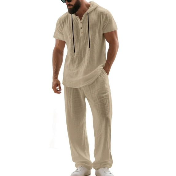 FRSASU Men's 2 Piece Linen Outfits Short Sleeve Henley Hooded Shirt and Beach Pants Set Casual Summer Matching Set Khaki