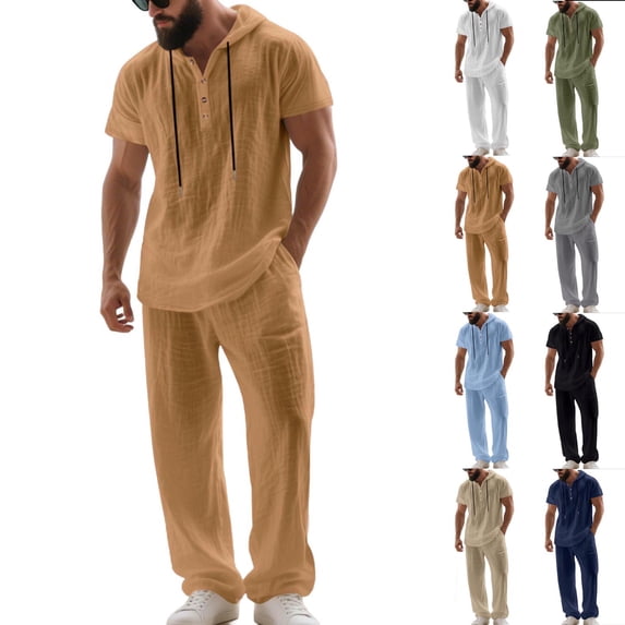 FRSASU Men's 2 Piece Linen Outfits Short Sleeve Henley Hooded Shirt and Beach Pants Set Casual Summer Matching Set White