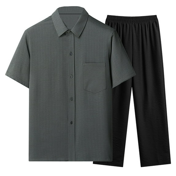 FRSASU Men's 2 Piece Outfit Casual Short Sleeve Button Down Shirt Beach Summer Loose Pant Sets Dark Gray