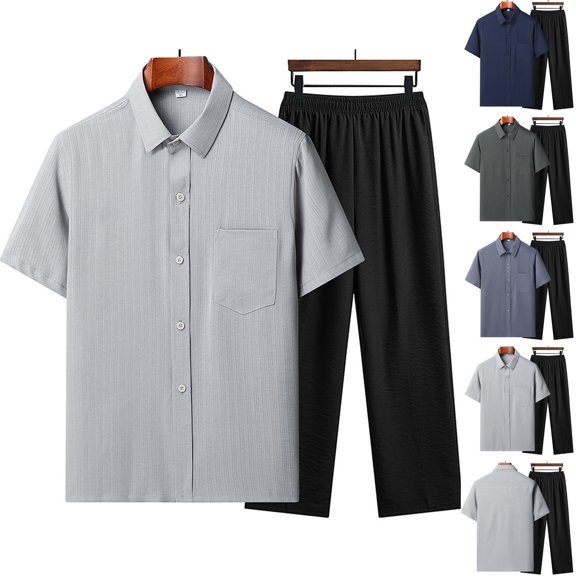 FRSASU Men's 2 Piece Outfit Casual Short Sleeve Button Down Shirt Beach Summer Loose Pant Sets Navy