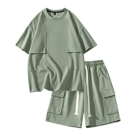 FRSASU Men's 2 Piece Set Summer Outfits Casual Round Neck Multi Pocket Short Sleeve Shirt and Shorts Track Suits for Men Set Green