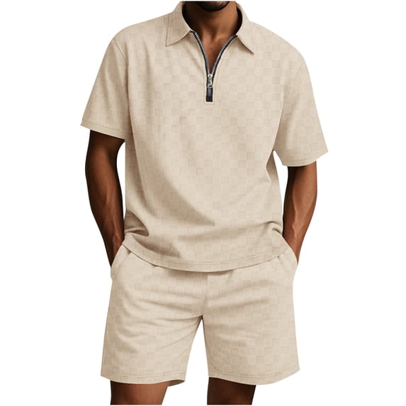FRSASU Men's 2 Piece Sweatsuits Outfits Jacquard Checkerboard Short Sleeve Zip Polo Shirt Sweatshirt Joggers Sweatshorts Tracksuit Set Khaki