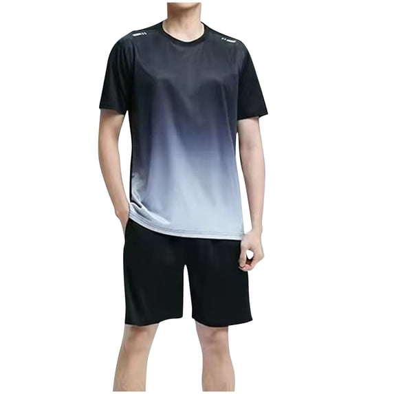 FRSASU Men's 2 Piece Tracksuit Breathable Fashion Gradient Crewneck Tee Shirts with Running Gym Shorts Summer Workout Sets Gray
