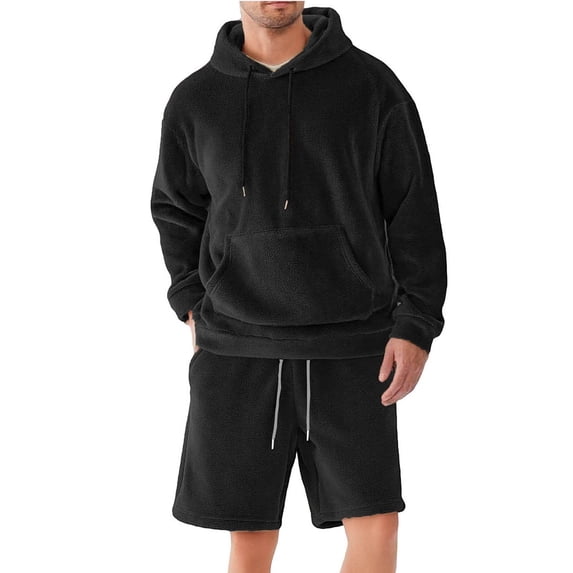 FRSASU Men's 2 Piece Tracksuit Sets Fleece Double -Faced Plush Fuzzy Long Sleeve Hooded Sweatshirt and Shorts Black