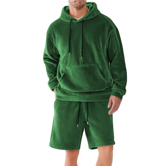 FRSASU Men's 2 Piece Tracksuit Sets Fleece Double -Faced Plush Fuzzy Long Sleeve Hooded Sweatshirt and Shorts Green