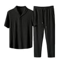 thumbnail image 1 of FRSASU Men's 2 Piece Vertical Striped Textured Outfits Summer Casual Button Down Shirts Spring Drawstring Elastic Pants Sets Black, 1 of 9