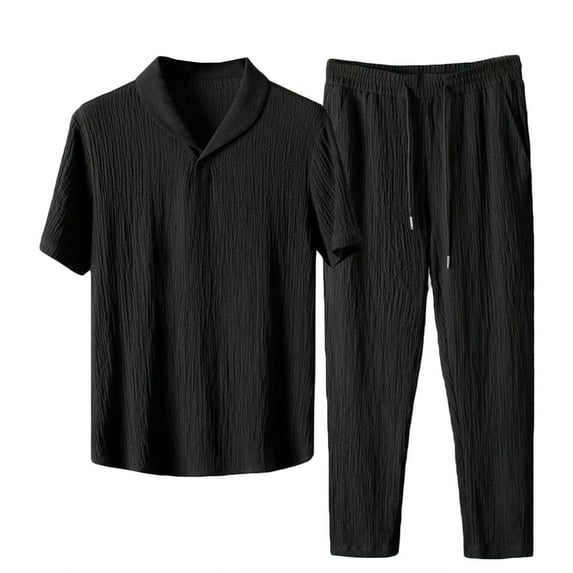FRSASU Men's 2 Piece Vertical Striped Textured Outfits Summer Casual Button Down Shirts Spring Drawstring Elastic Pants Sets Black