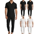 thumbnail image 1 of FRSASU Men's 2 Piece Vertical Striped Textured Outfits Summer Casual Button Down Shirts Spring Drawstring Elastic Pants Sets White, 1 of 9