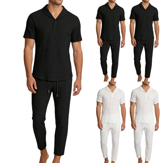 FRSASU Men's 2 Piece Vertical Striped Textured Outfits Summer Casual Button Down Shirts Spring Drawstring Elastic Pants Sets White