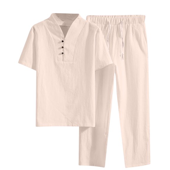 FRSASU Men's 2 Pieces Cotton Linen Set Henley Shirt Short Sleeve and Casual Beach Pants Summer Yoga Outfits Khaki