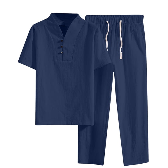 FRSASU Men's 2 Pieces Cotton Linen Set Henley Shirt Short Sleeve and Casual Beach Pants Summer Yoga Outfits Navy