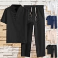 thumbnail image 1 of FRSASU Men's 2 Pieces Cotton Linen Set Henley Shirt Short Sleeve and Casual Beach Pants Summer Yoga Outfits White, 1 of 9