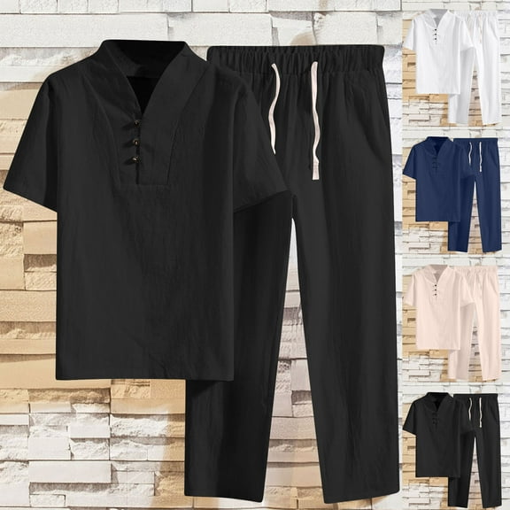 FRSASU Men's 2 Pieces Cotton Linen Set Henley Shirt Short Sleeve and Casual Beach Pants Summer Yoga Outfits White