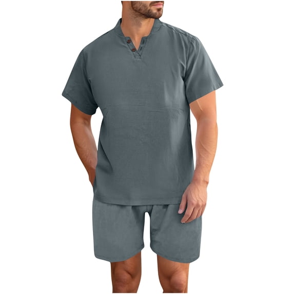 FRSASU Men's 2 Pieces Set Casual Solid Color Henley Shirts Short Sleeve Beach Yoga Shorts Summer Casual Outfits Dark Gray