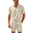 thumbnail image 1 of FRSASU Men's 2 Pieces Set Short Sleeve Knit Polo Shirts Casual Shorts Summer Beach Matching Outfits Beige, 1 of 9